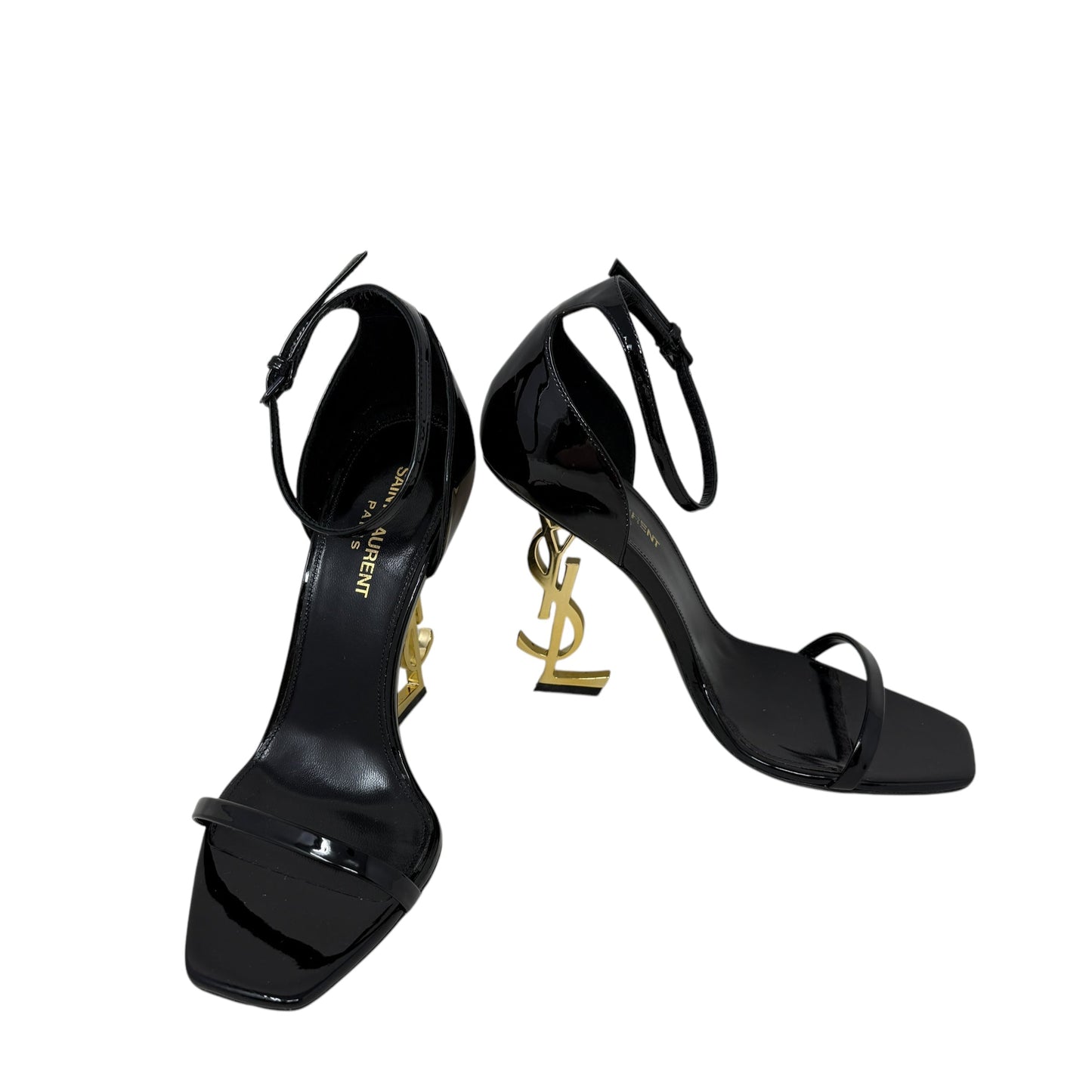 Opyum 110 Cassandre Heel Sandals Luxury Designer By Yves Saint Laurent In Black & Gold, Size: US 8/IT 38