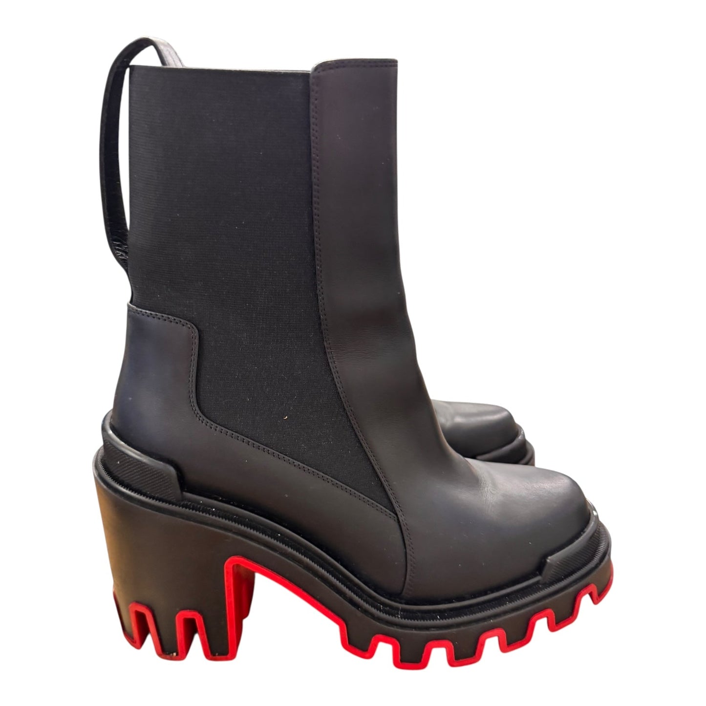 Boots Luxury Designer By Christian Louboutin In Black & Red, Size:8
