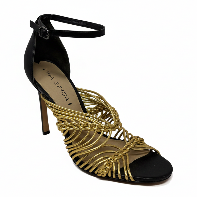 Dorian Stiletto Leather Sandals By Via Spiga In Black & Gold, Size: 7.5