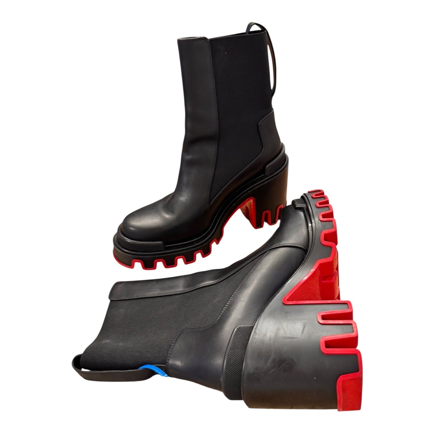 Boots Luxury Designer By Christian Louboutin In Black & Red, Size:8