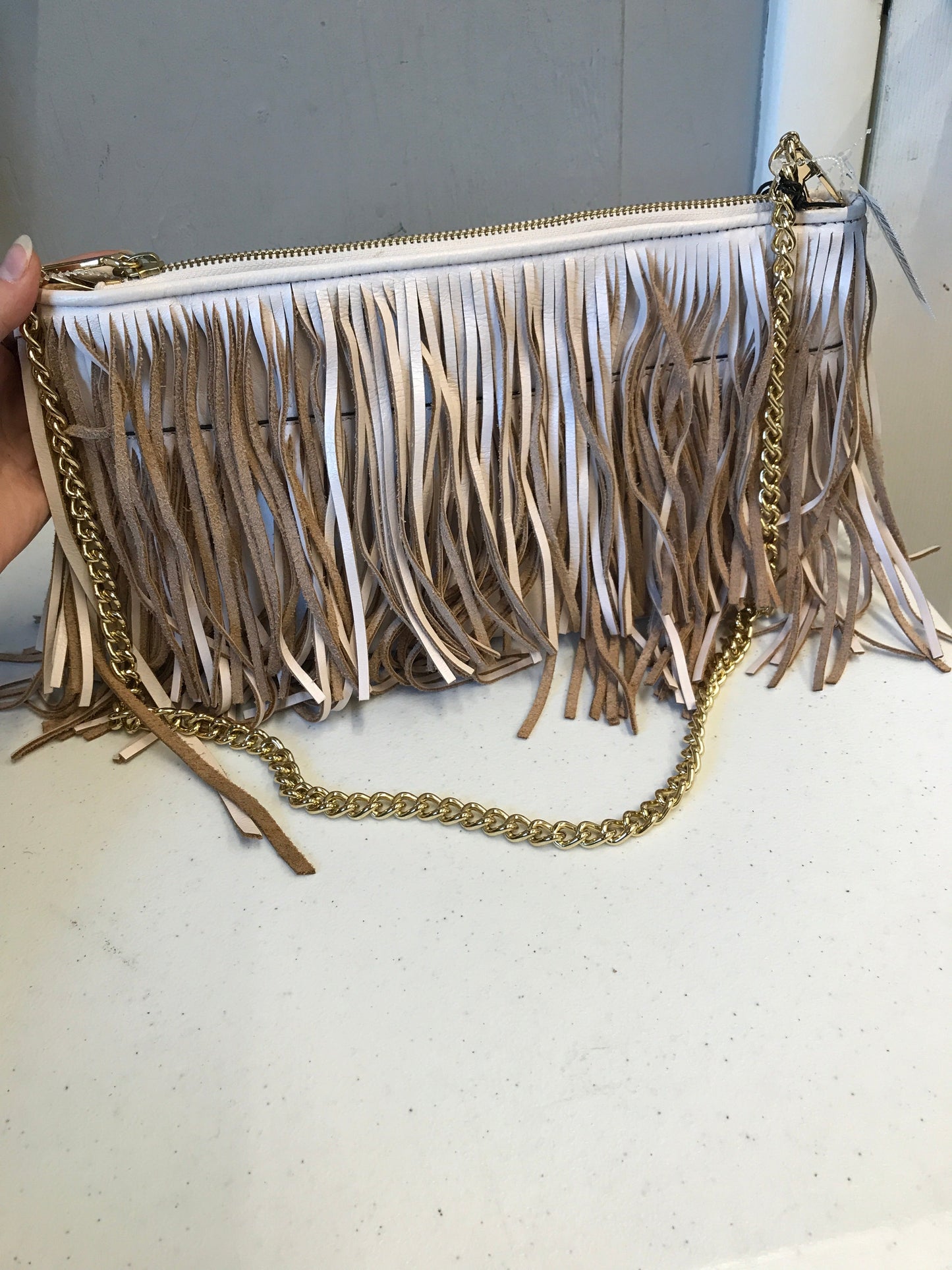 Clutch Designer By Rebecca Minkoff In Tan & White, Size:Medium