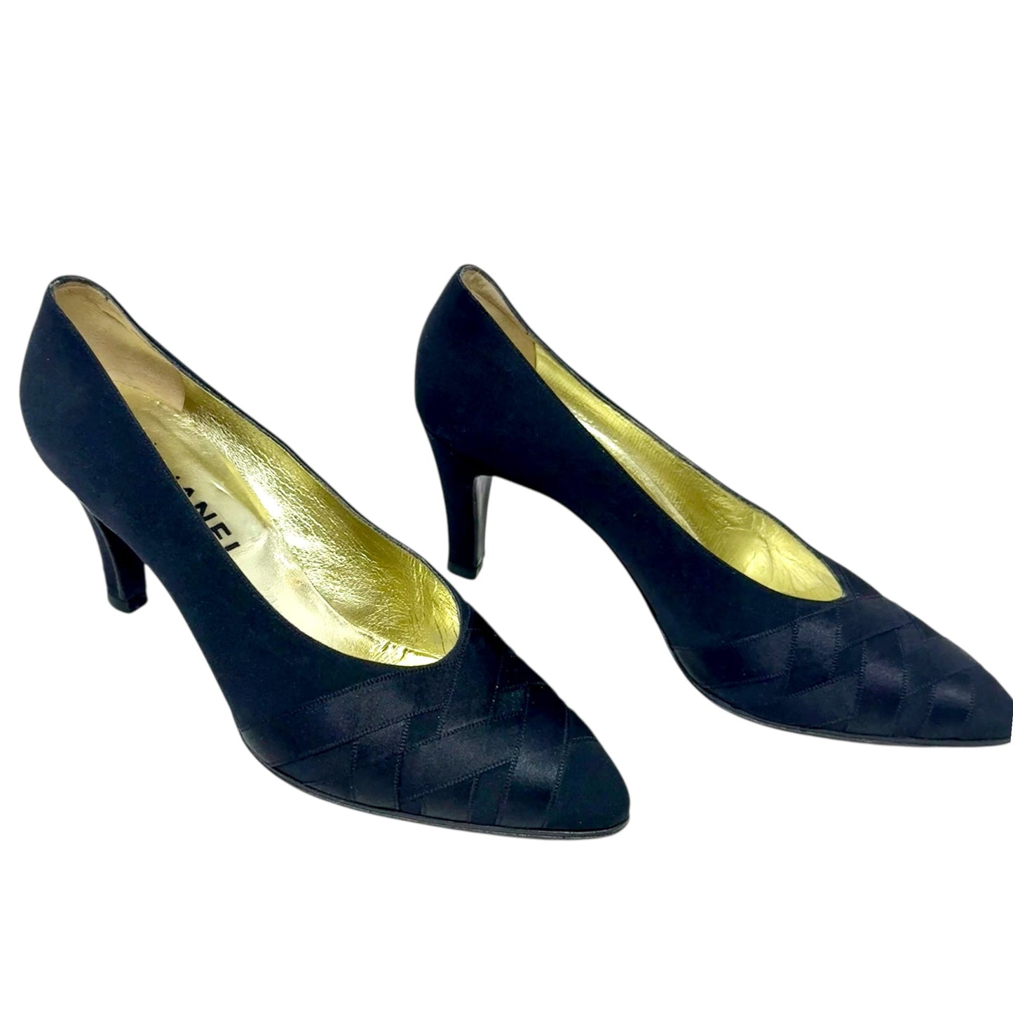 Satin Woven Pumps Luxury Designer By Chanel In Black, Size: US 8/ FR 39