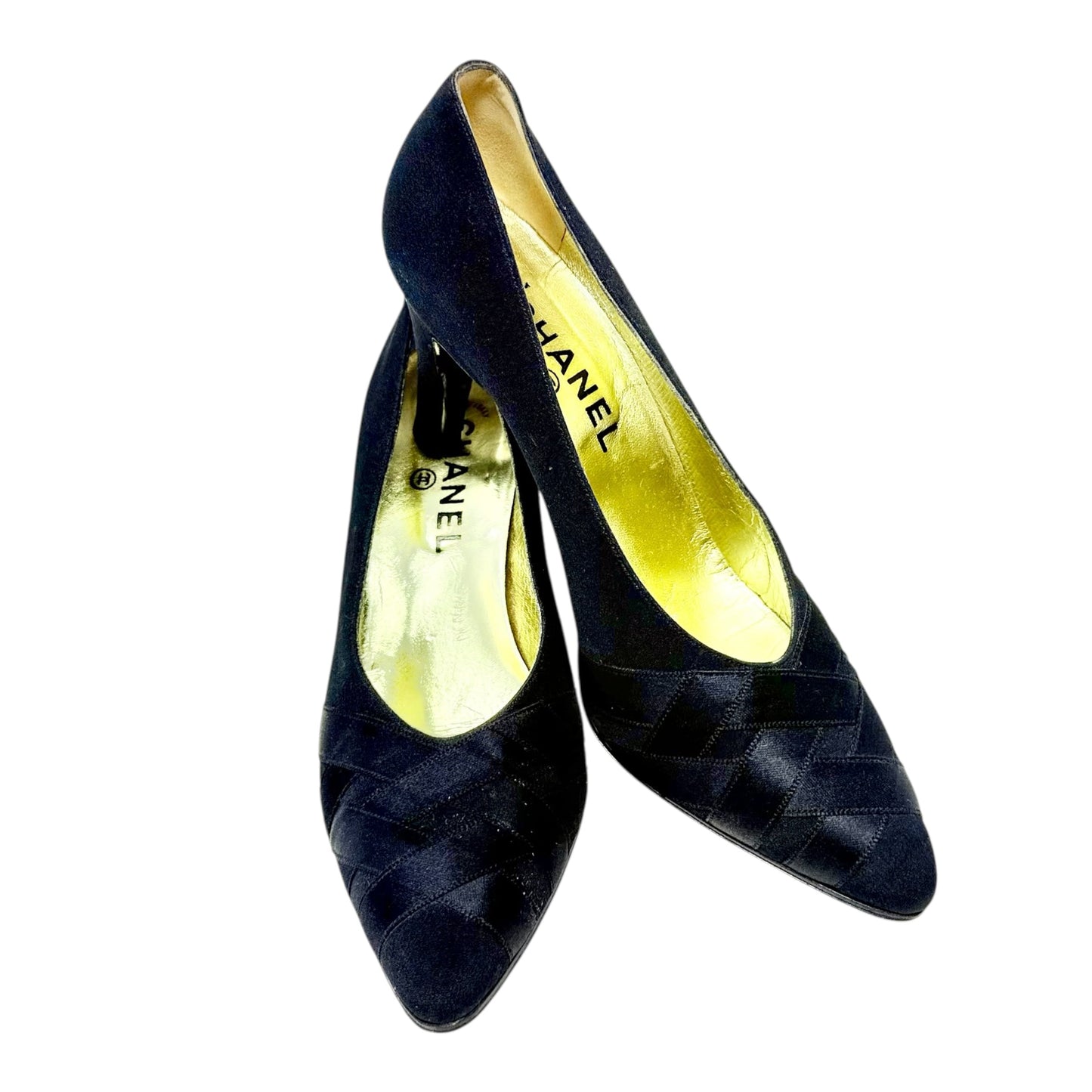 Satin Woven Pumps Luxury Designer By Chanel In Black, Size: US 8/ FR 39