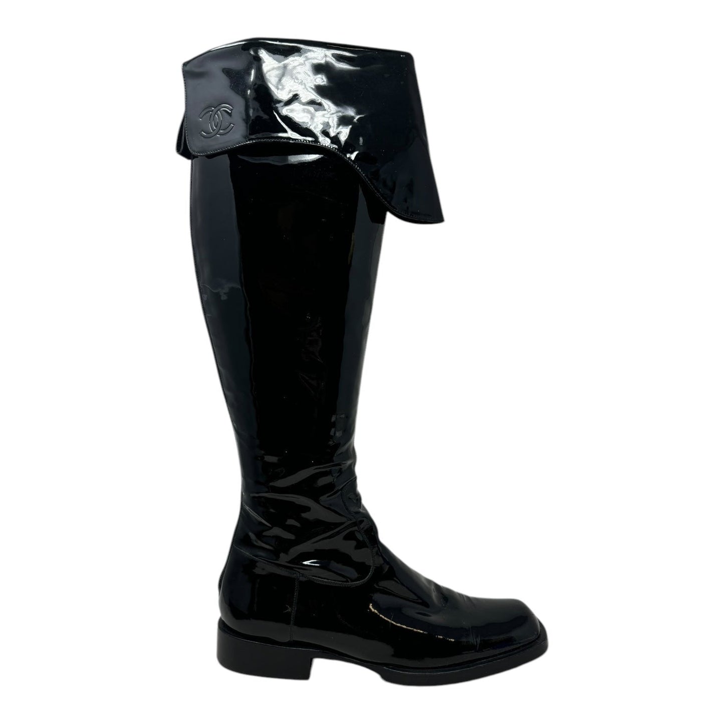 Vintage 2001 F/W Collection Patent Leather Cavalier OTK Boots Luxury Designer By Chanel In Black, Size: 7/37.5
