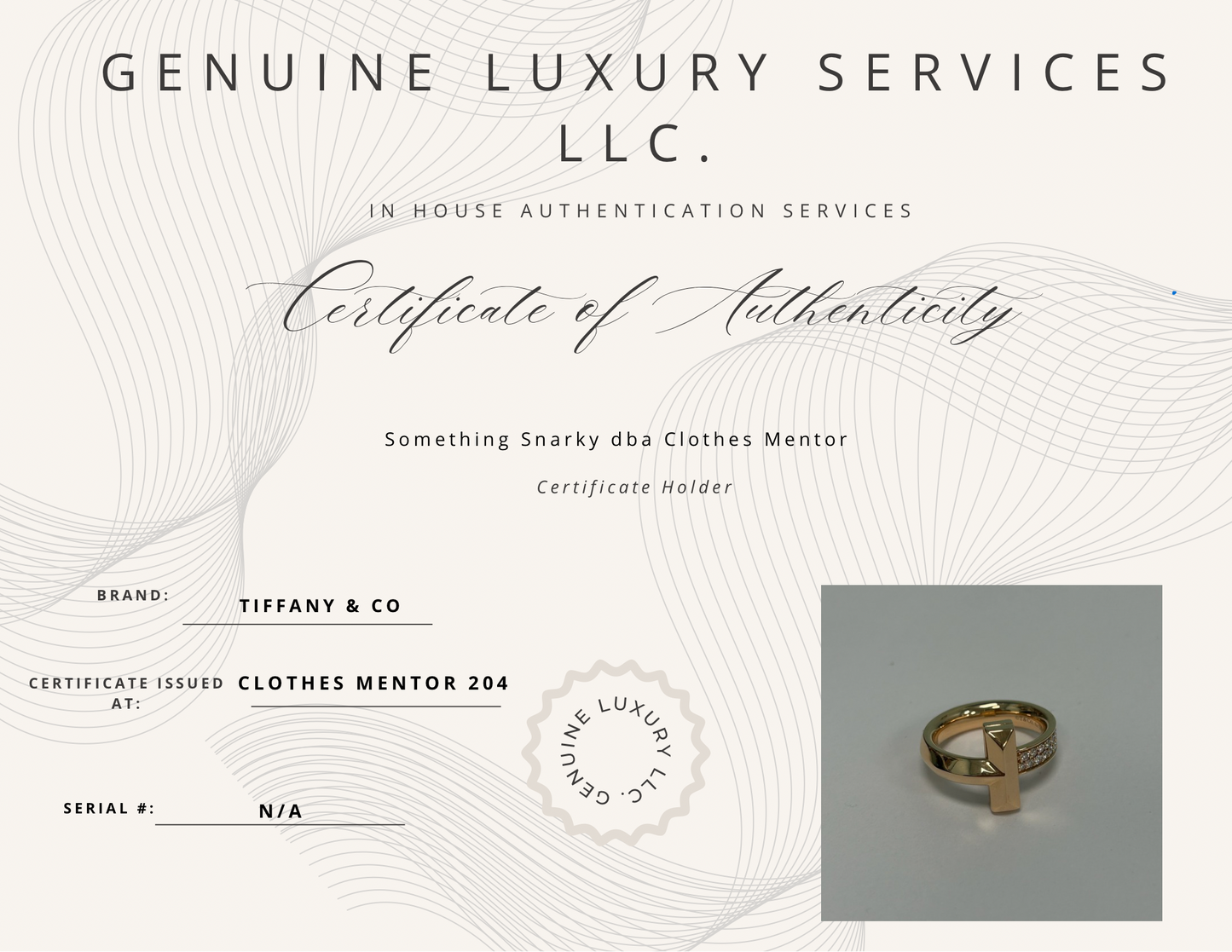 Tiffany & Company T1 Diamond 18K Luxury Designer Ring, Size: 6