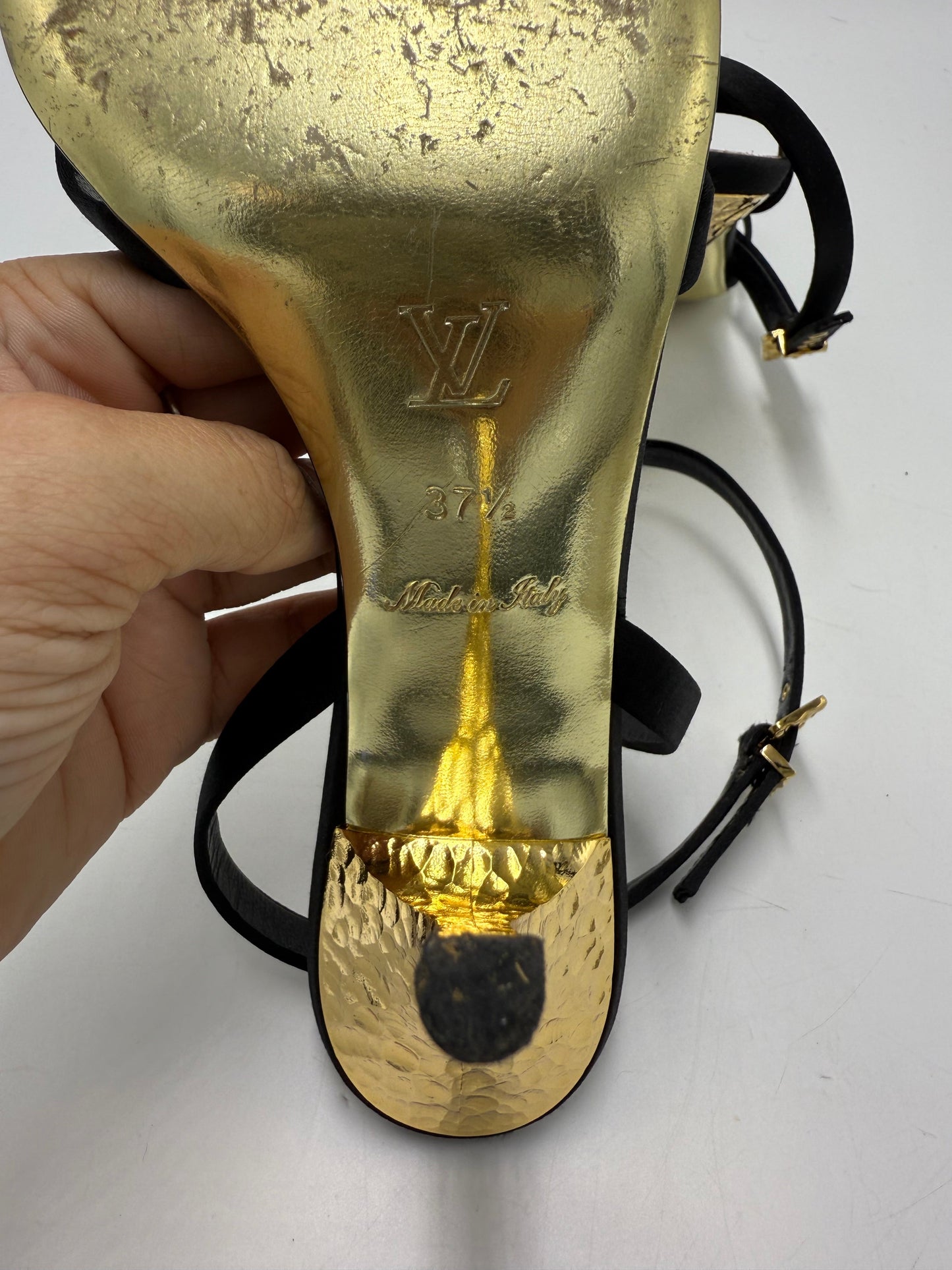 Louis Vuitton Satin and Hammered Gold Luxury Heels , Size: 7.5 / 37.5
