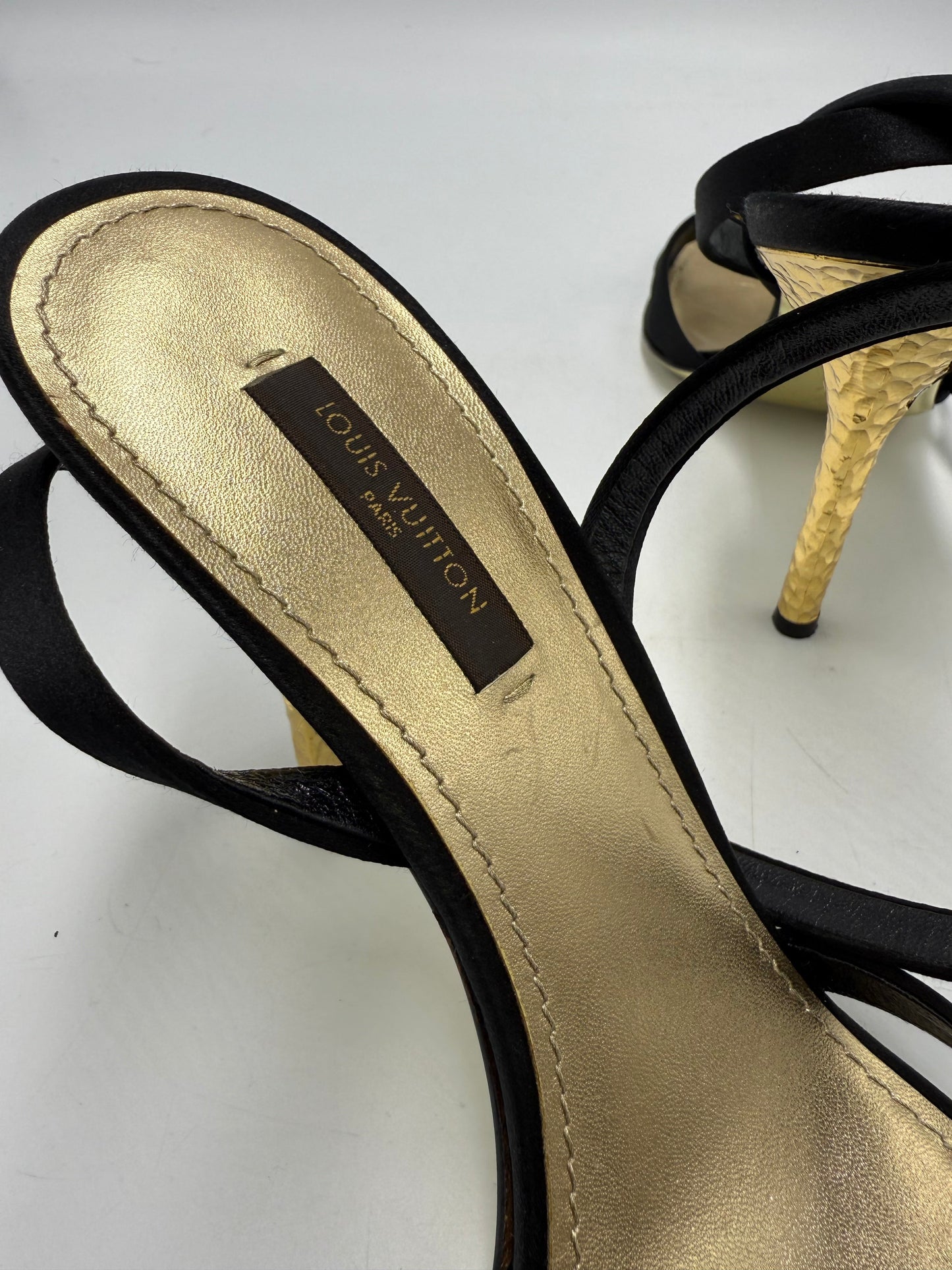 Louis Vuitton Satin and Hammered Gold Luxury Heels , Size: 7.5 / 37.5