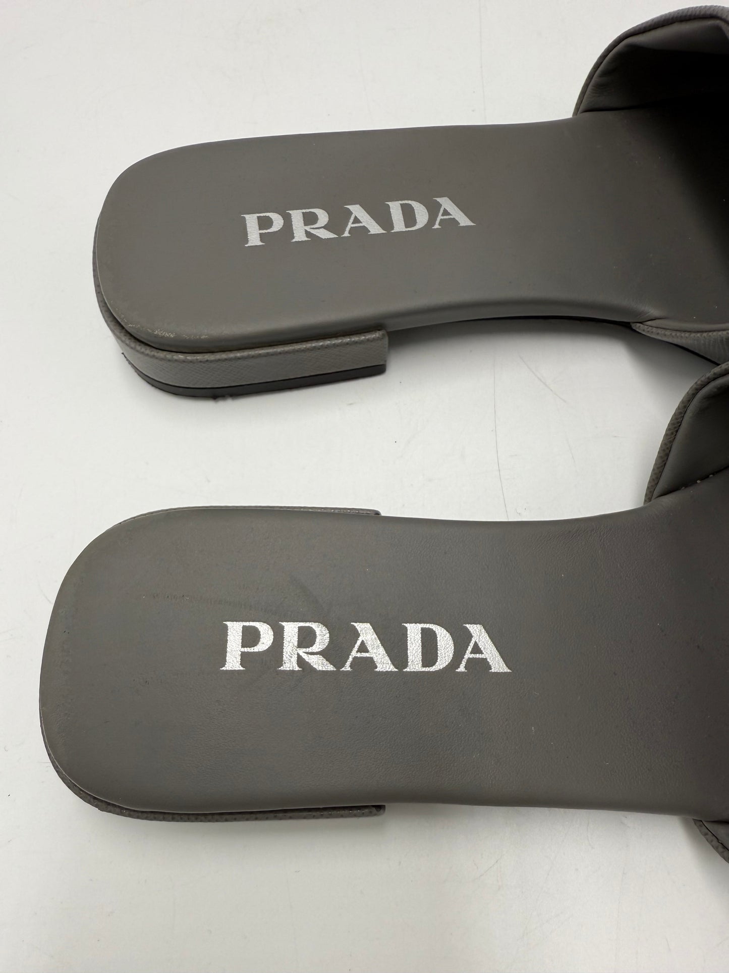 Prada Saffiano Logo Luxury Designer Slides, Size: 8