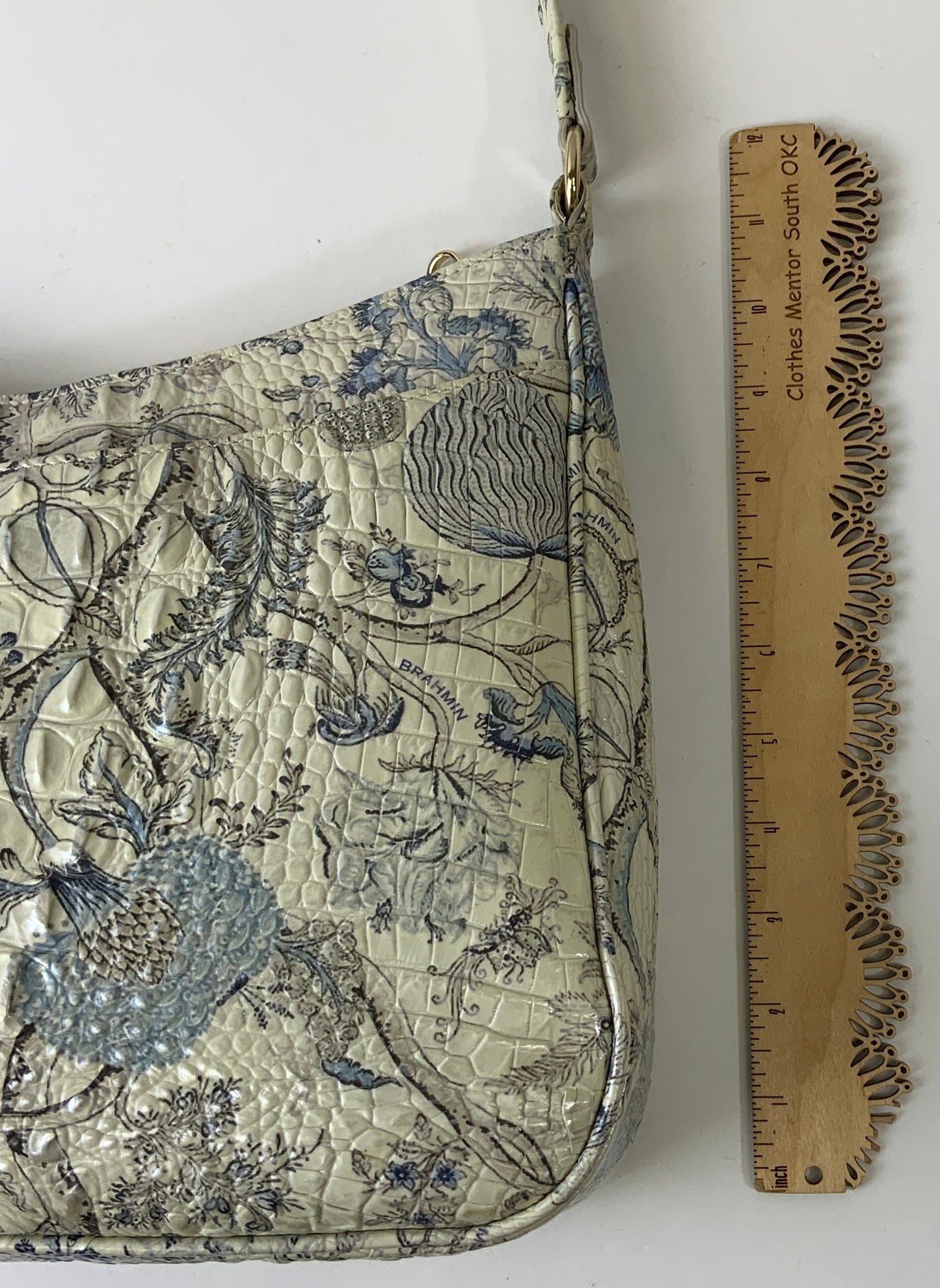 Handbag Designer By Brahmin In Blue & Cream, Size:Medium