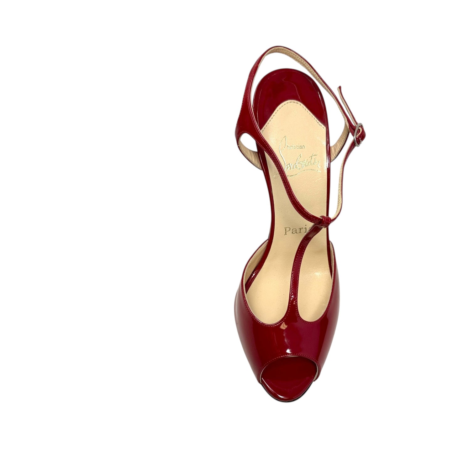 Ernesta T-Strap Patent Leather Pumps Luxury Designer By Christian Louboutin In Red, Size: 7