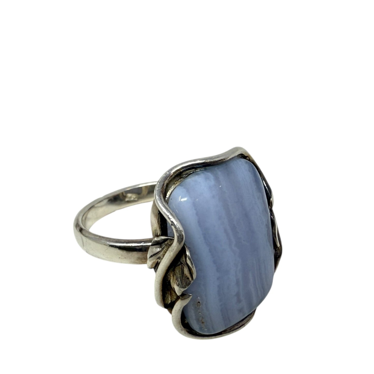 Sterling Silver & Blue Lace Agate Ring with Floral Detail, Size: 9