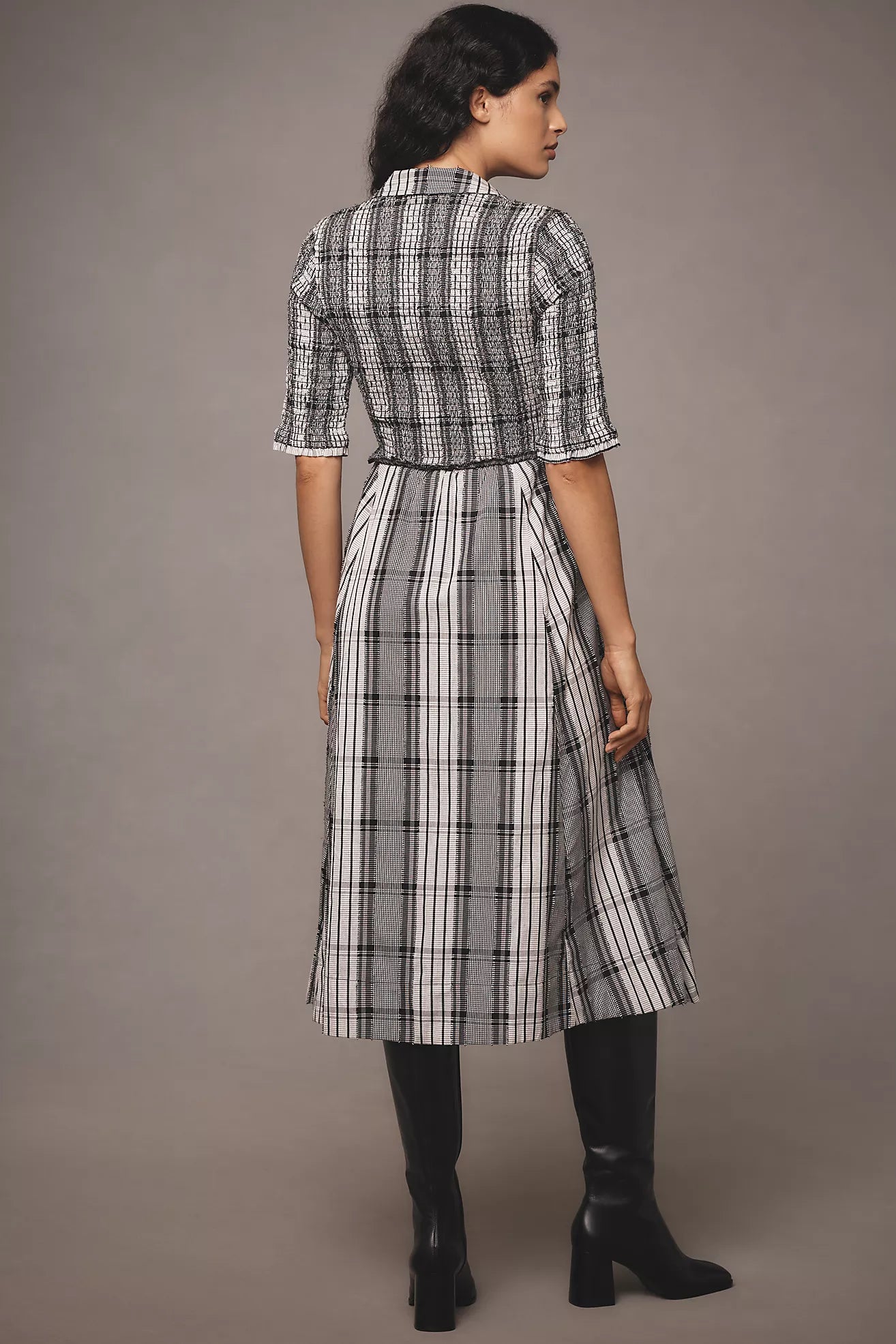 Short-Sleeve Smocked Midi Shirt Dress Casual Maxi By Maeve In Black & White, Size: S