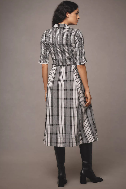 Short-Sleeve Smocked Midi Shirt Dress Casual Maxi By Maeve In Black & White, Size: S