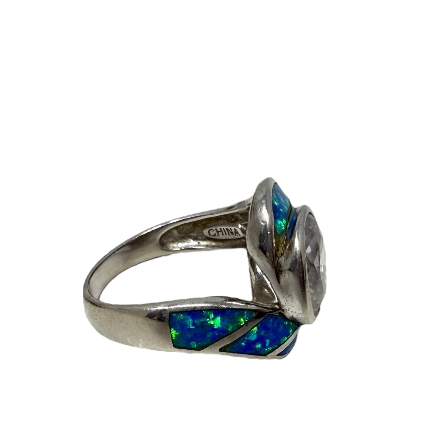 Sterling Silver, CZ & Fire Opal Inlay Ring, Size: 8