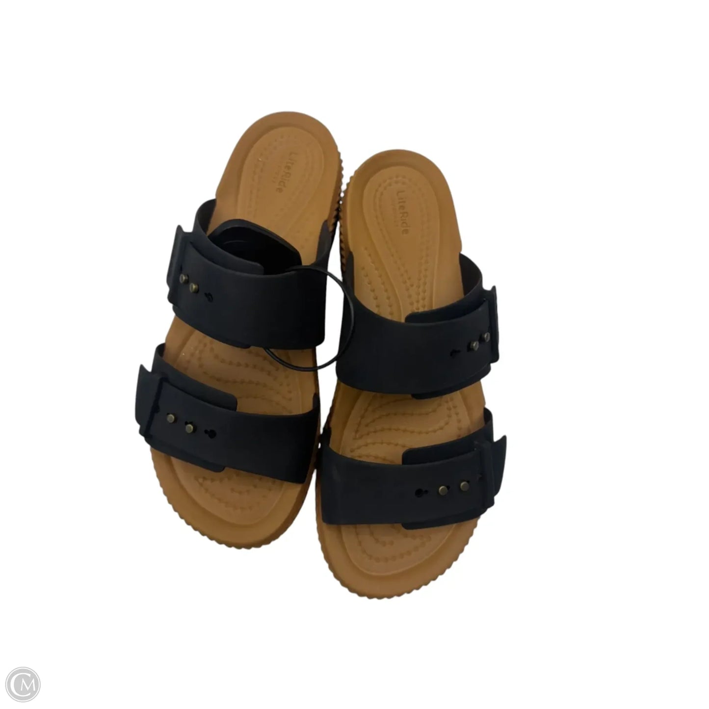 Sandals Heels Wedge By Crocs In Black & Brown, Size: 6