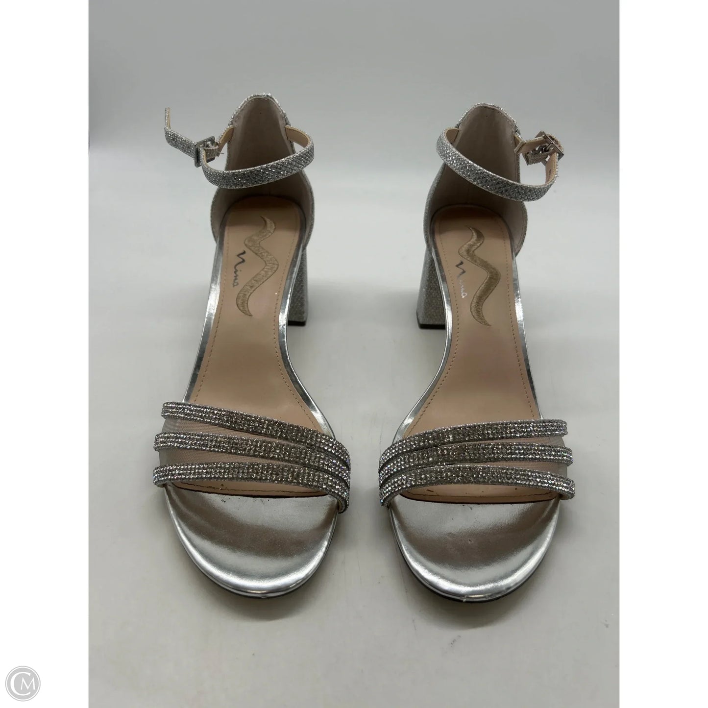 Sandals Heels Block By Clothes Mentor In Silver, Size: 9.5