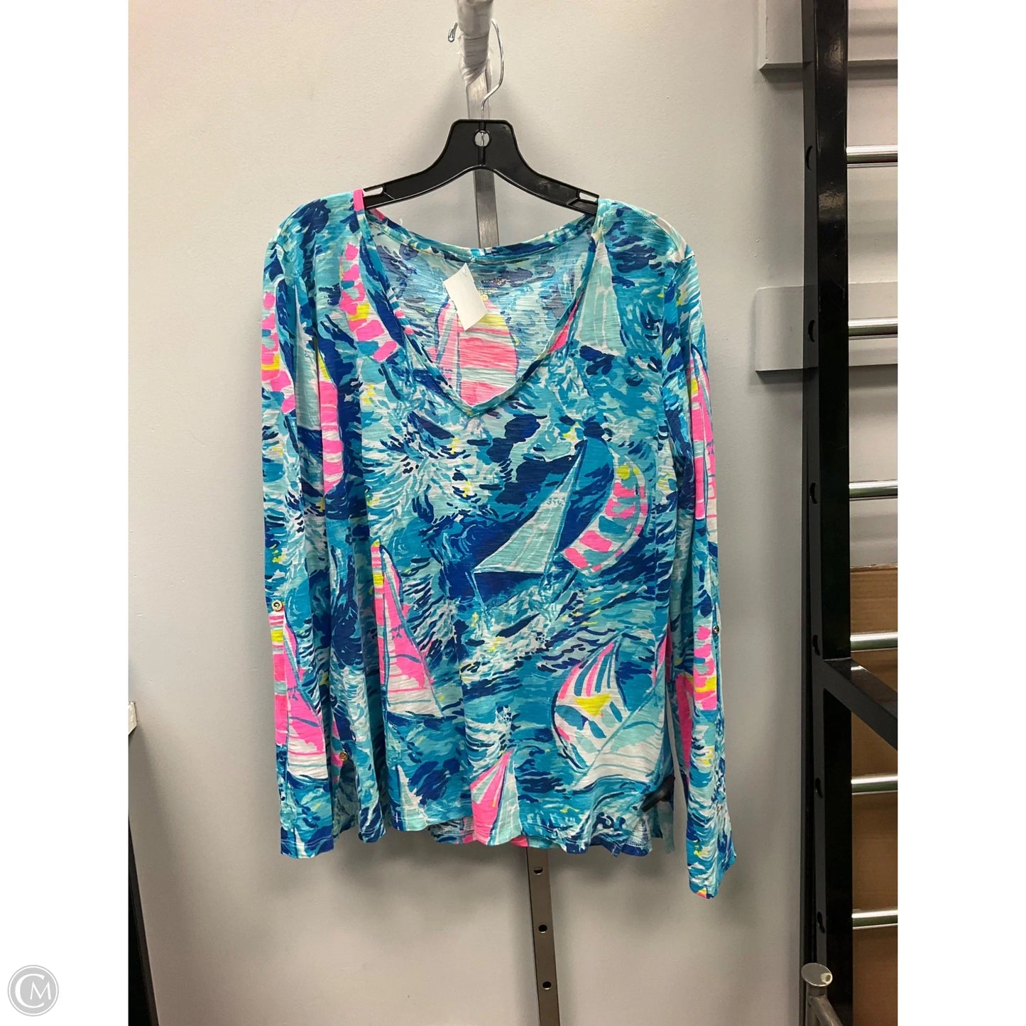 Top Long Sleeve Designer By Lilly Pulitzer In Blue & Pink, Size: M