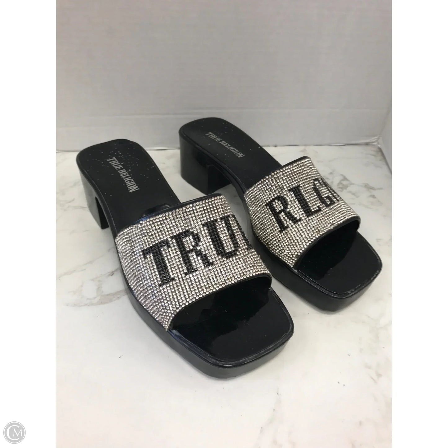 Sandals Heels Block By True Religion In Black & Silver, Size: 9