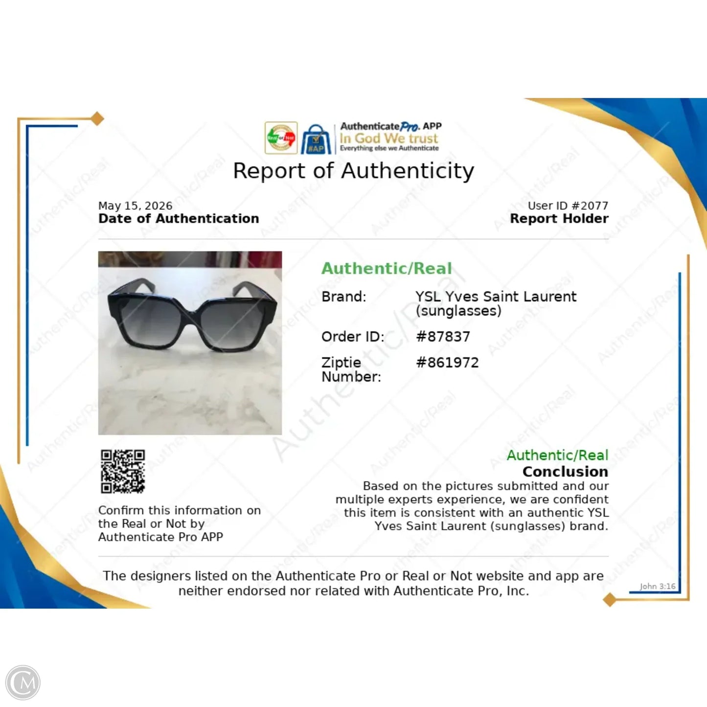 Sunglasses Luxury Designer By Yves Saint Laurent