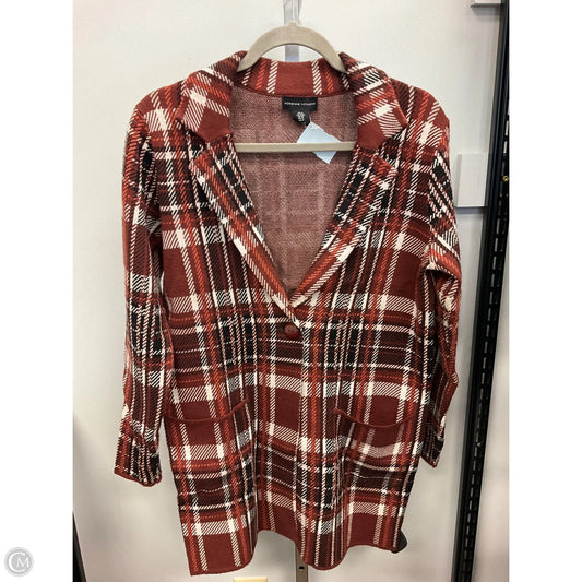 Sweater Cardigan By Adrienne Vittadini In Plaid Pattern, Size: M