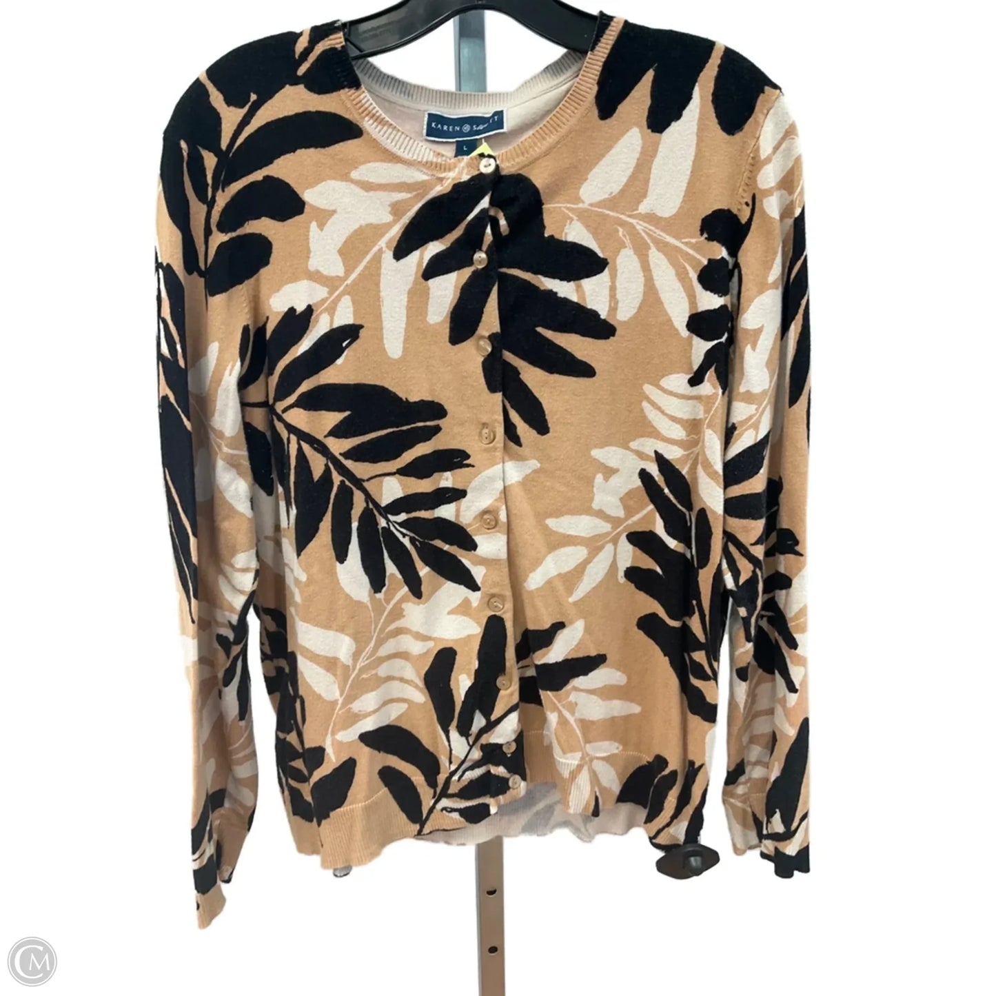 Sweater Cardigan By Karen Scott In Black & Tan, Size: L