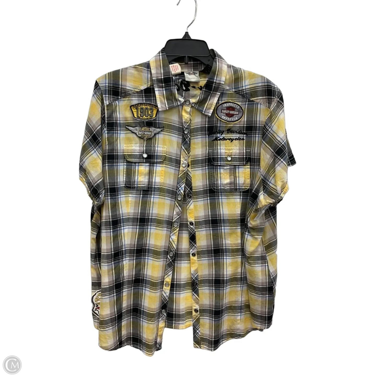 Blouse Short Sleeve By Harley Davidson In Black & Yellow, Size: Xl