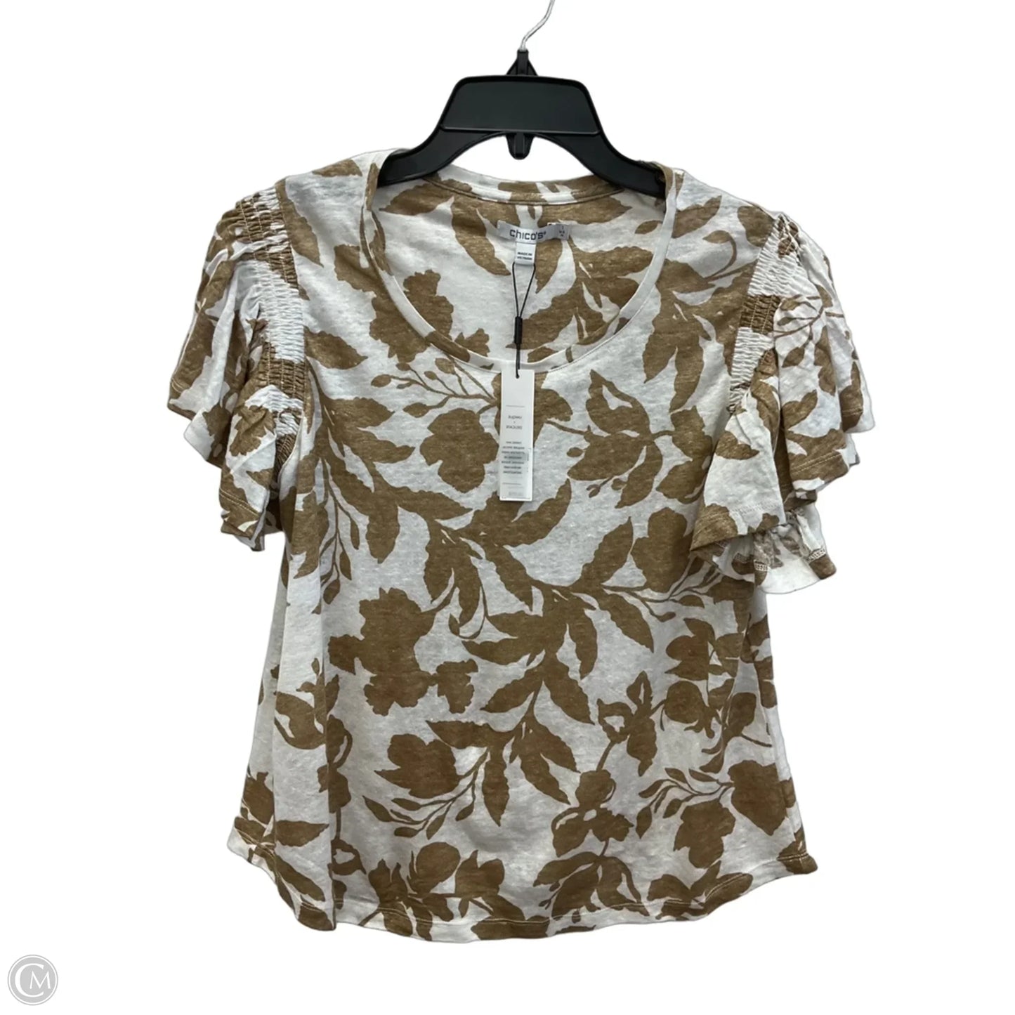 Top Short Sleeve By Chicos In Brown & White, Size: M