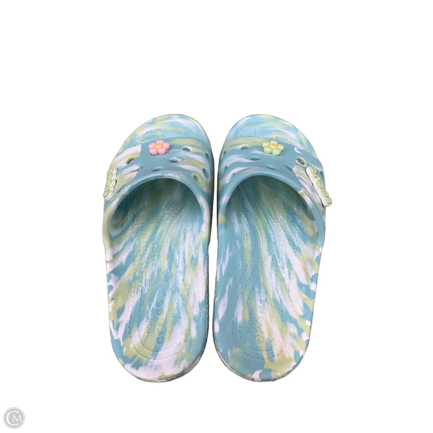 Sandals Flats By Crocs In Green & White, Size: 10
