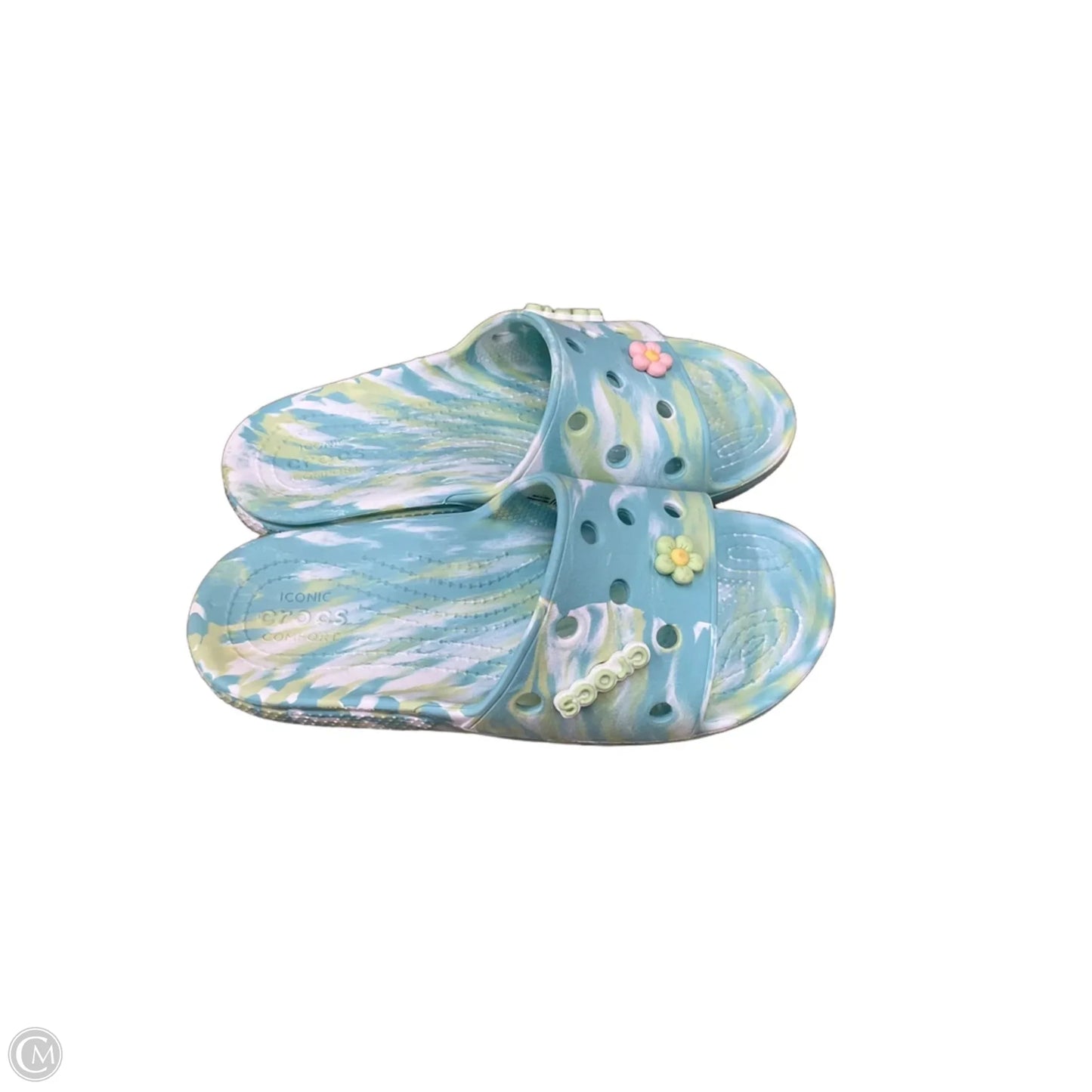 Sandals Flats By Crocs In Green & White, Size: 10