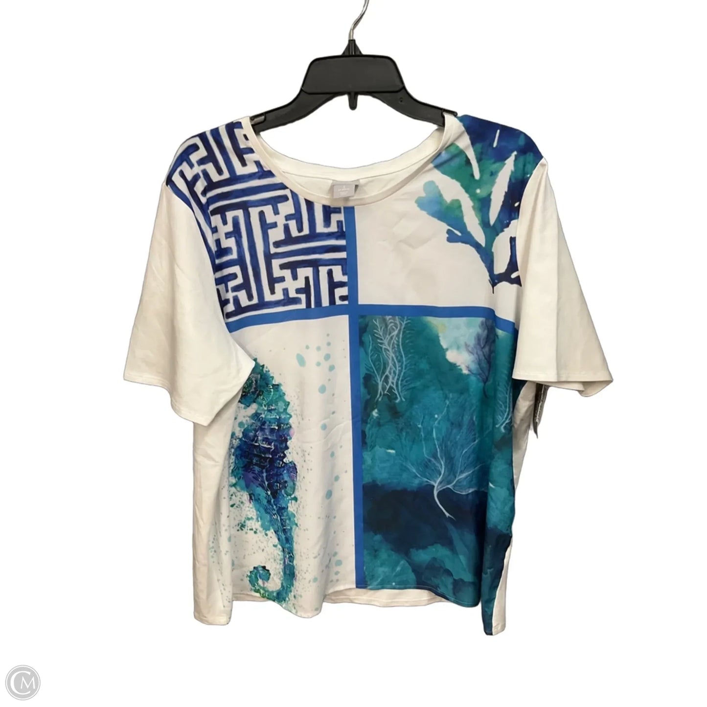 Top Short Sleeve By Chicos In Blue & White, Size: Xl