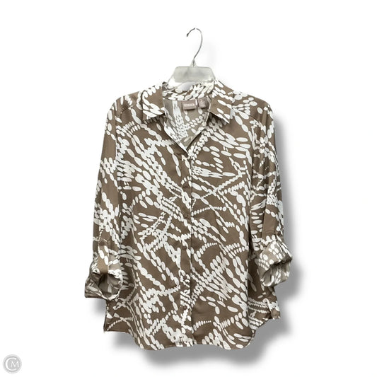 Blouse Long Sleeve By Chicos In Tan & White, Size: L