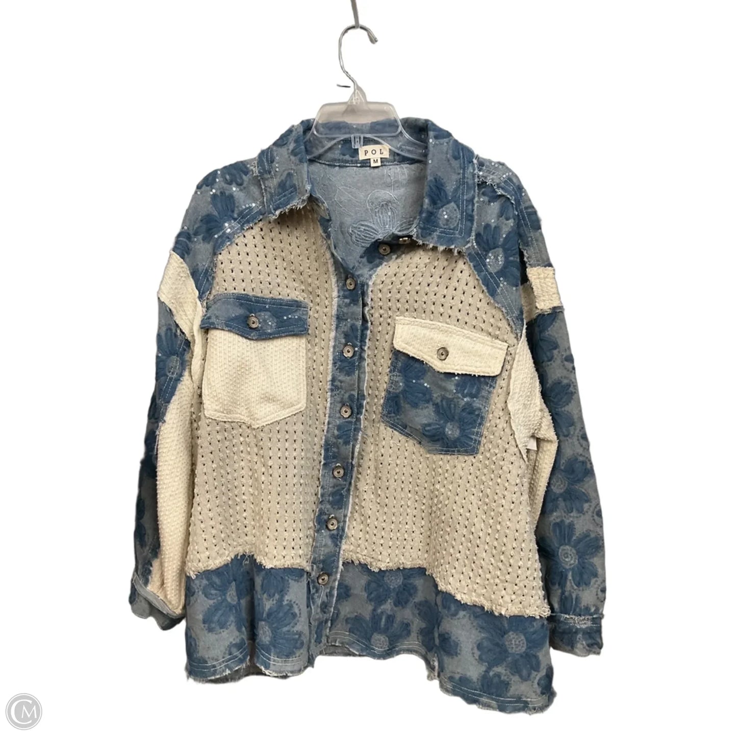 Top Long Sleeve By Pol In Blue & Cream, Size: M
