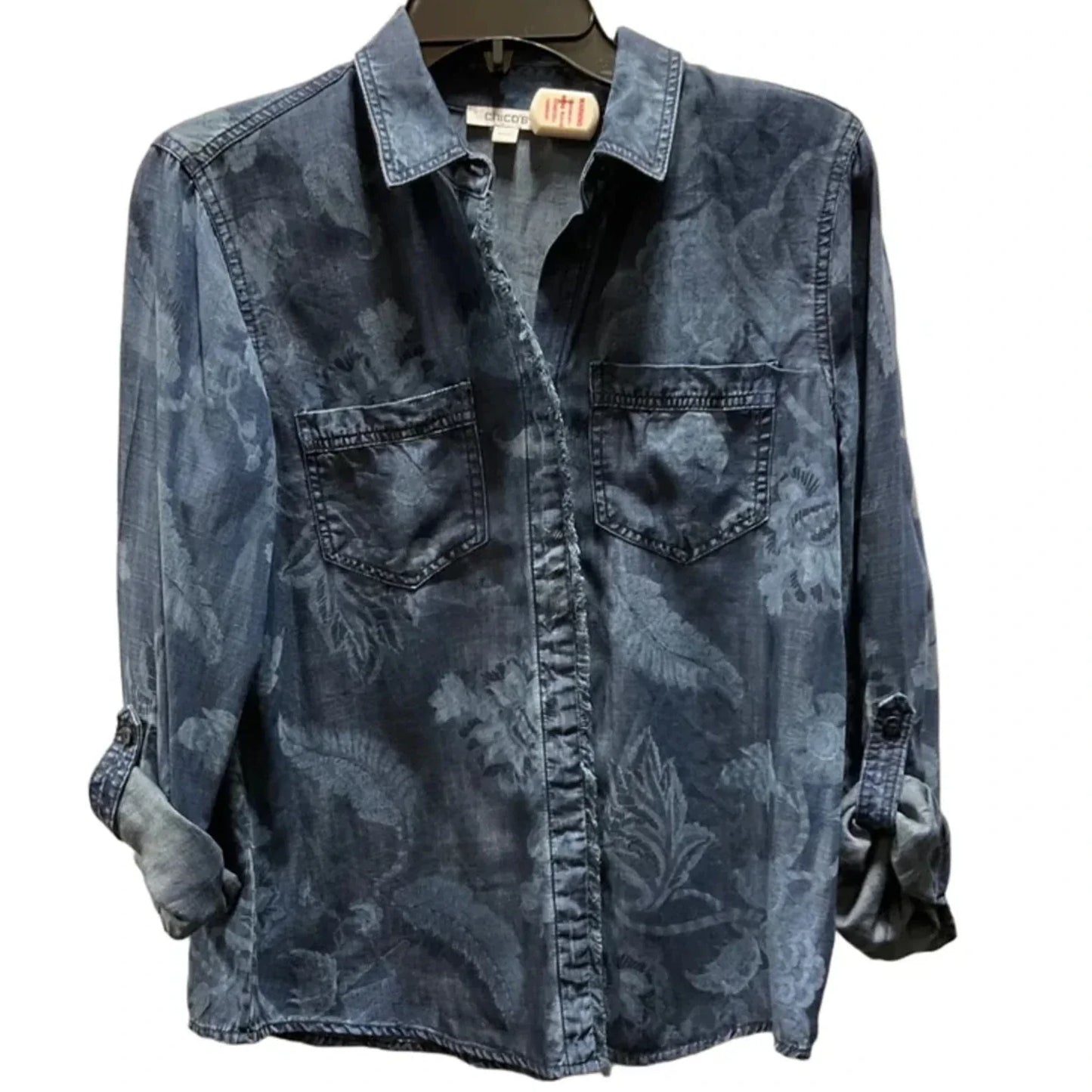 Blouse Long Sleeve By Chicos In Blue Denim, Size: S