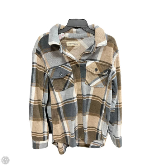 Jacket Shirt By Young Fabulous & Broke In Grey & Tan, Size: M