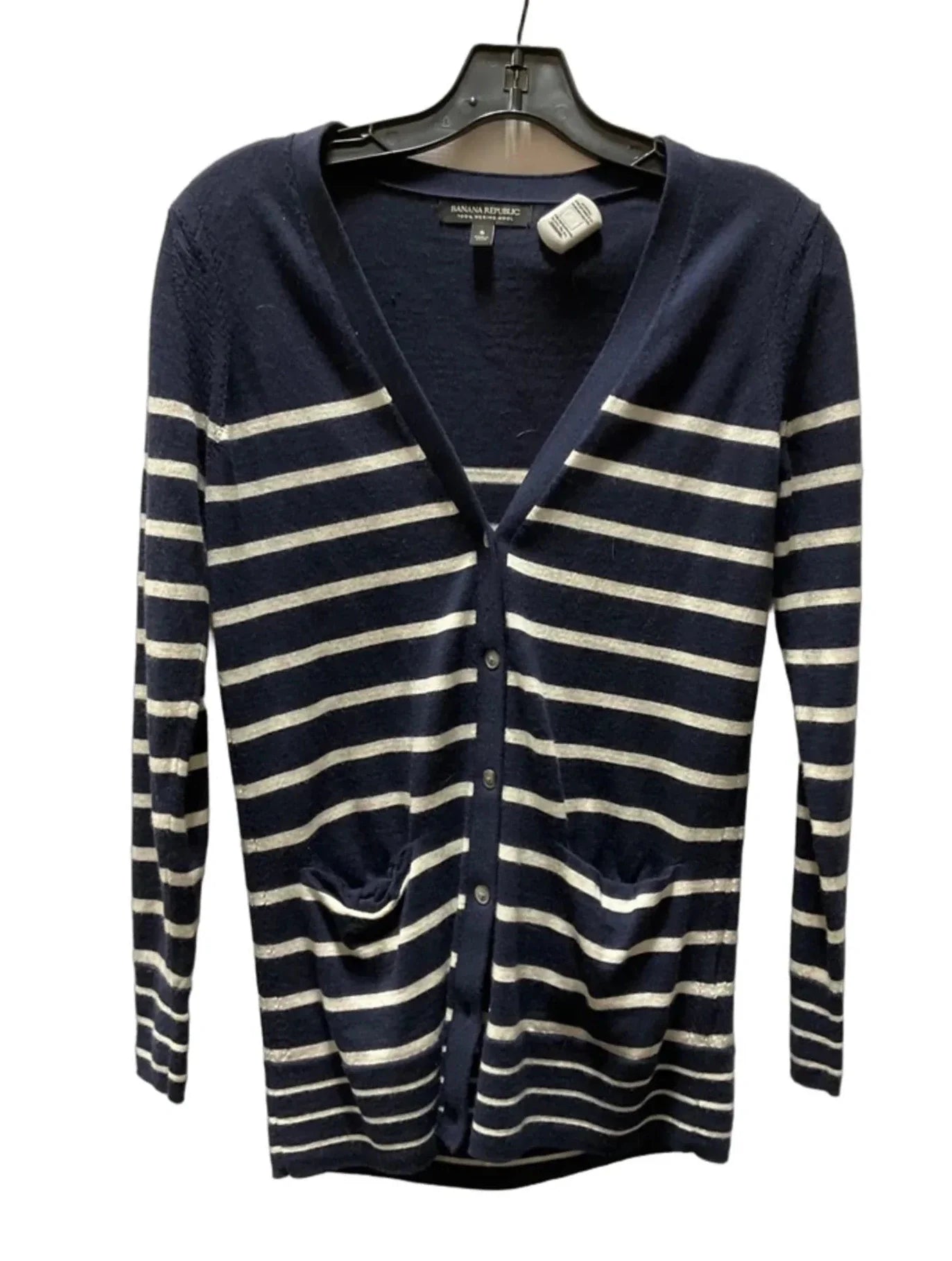 Sweater Cardigan By Banana Republic In Blue & White, Size: S