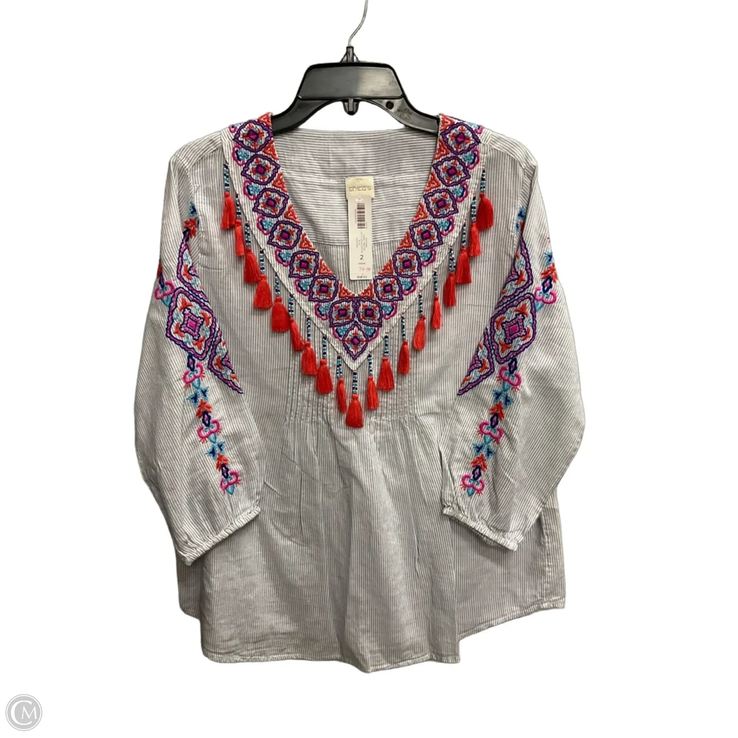 Top 3/4 Sleeve By Chicos In Striped Pattern, Size: L