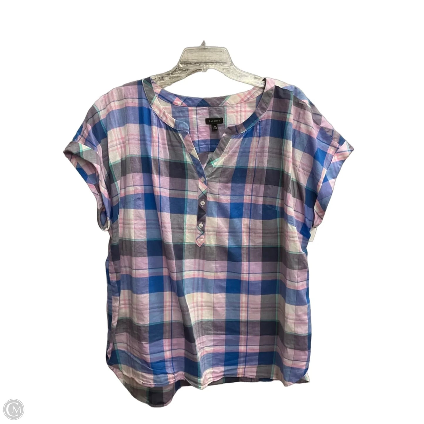 Top Short Sleeve By Talbots In Plaid Pattern, Size: Xl