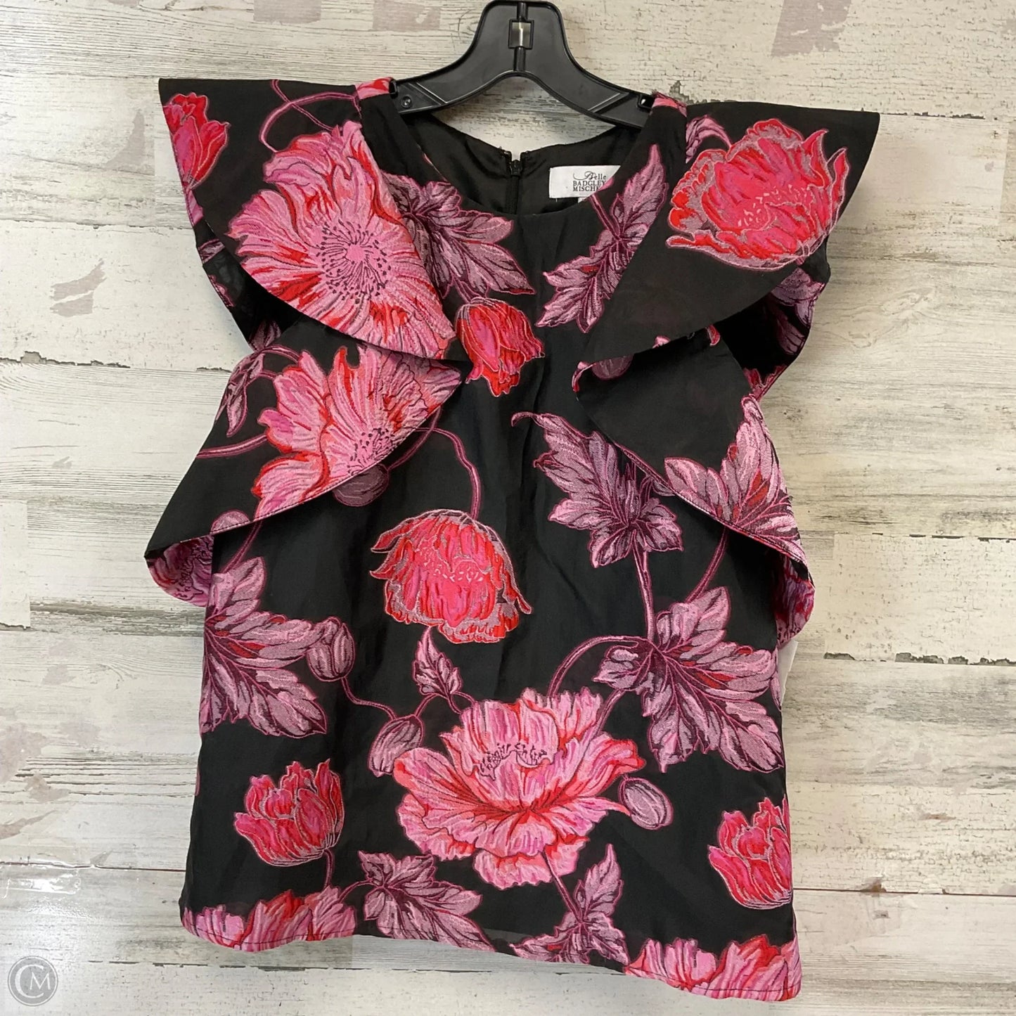 Blouse Short Sleeve By Badgley Mischka In Black & Pink, Size: S