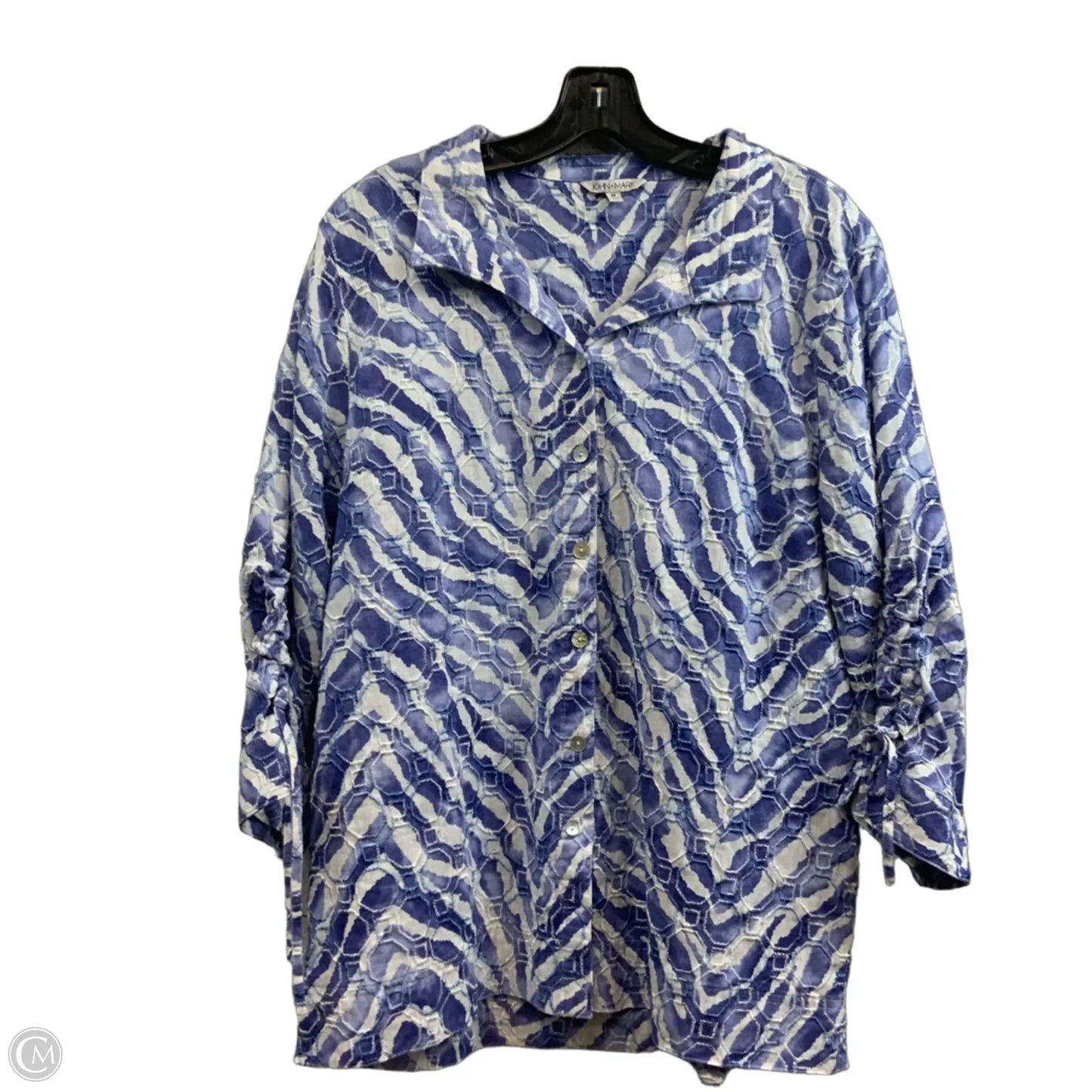 Blouse Long Sleeve By John Mark In Blue & White, Size: M