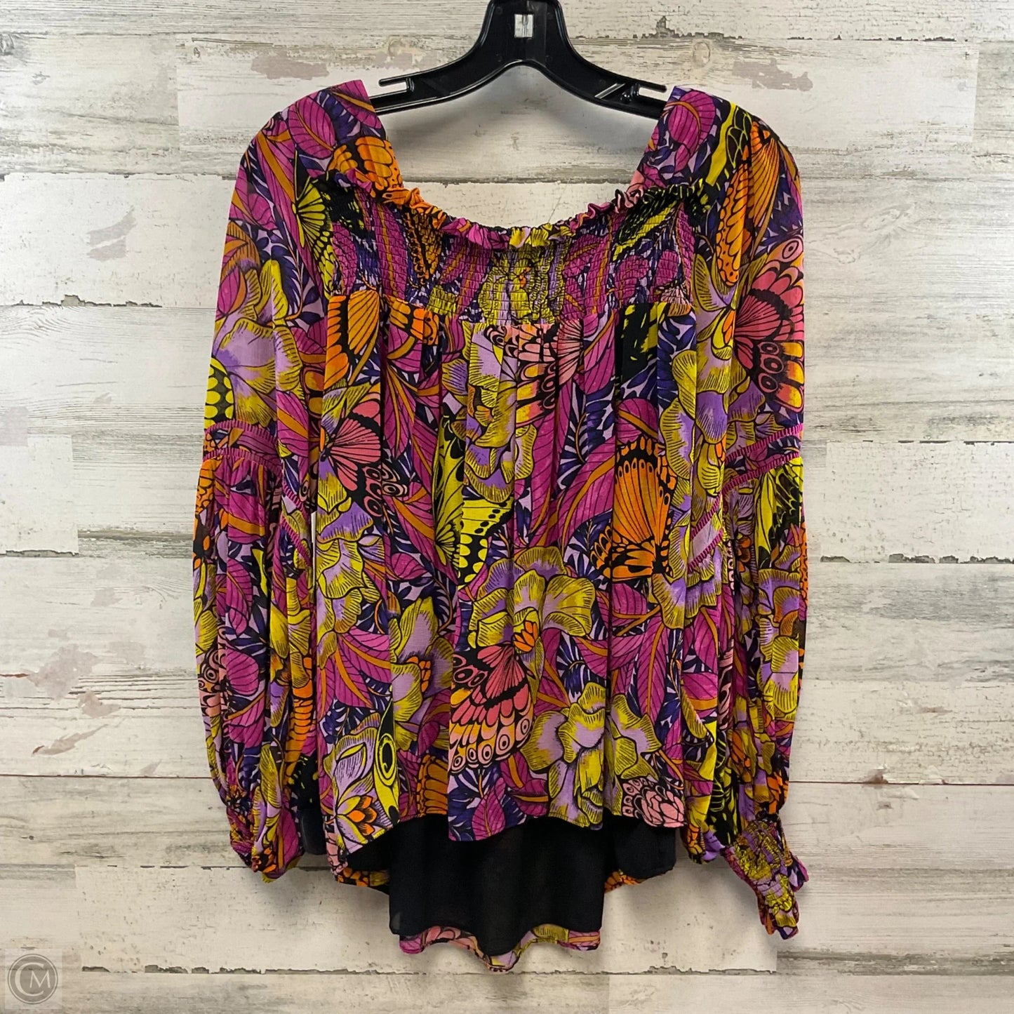 Blouse Long Sleeve By Anthropologie In Purple & Yellow, Size: 1x