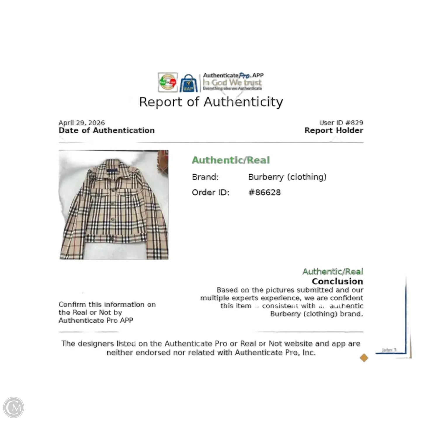 Jacket Luxury Designer By Burberry In Plaid Pattern, Size: S