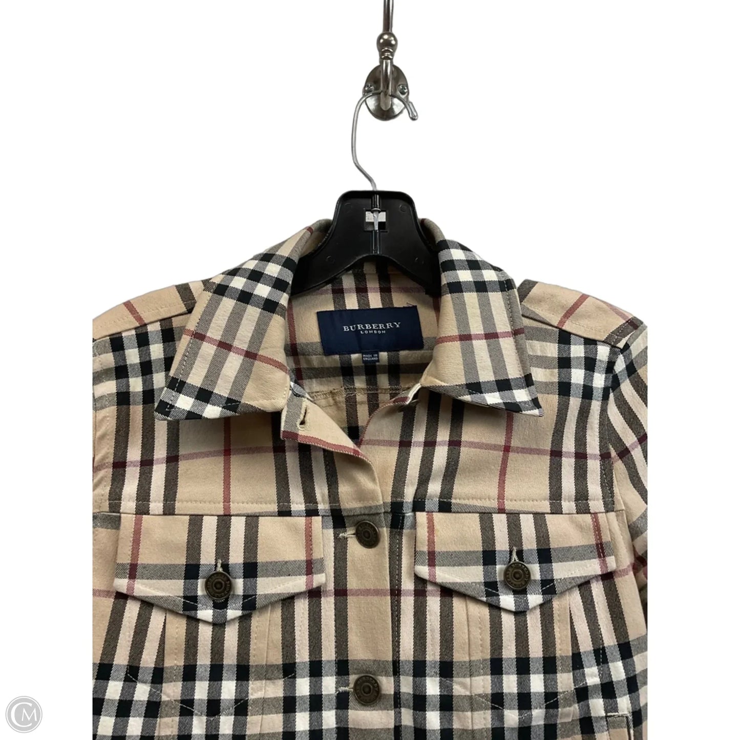 Jacket Luxury Designer By Burberry In Plaid Pattern, Size: S