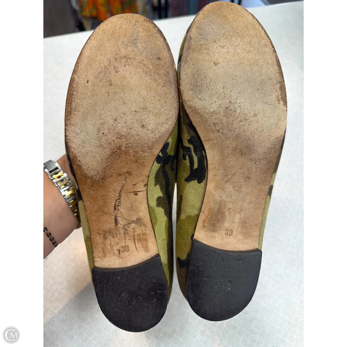 Shoes Luxury Designer By Manolo Blahnik In Camouflage Print, Size: 7.5