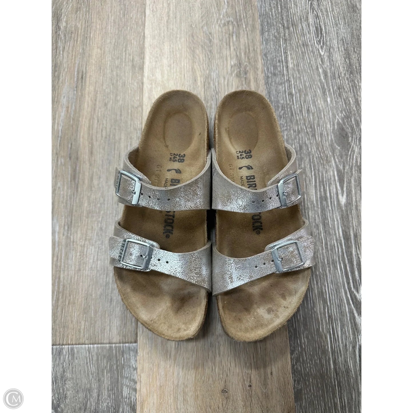 Sandals Flats By Birkenstock In Silver, Size: 7