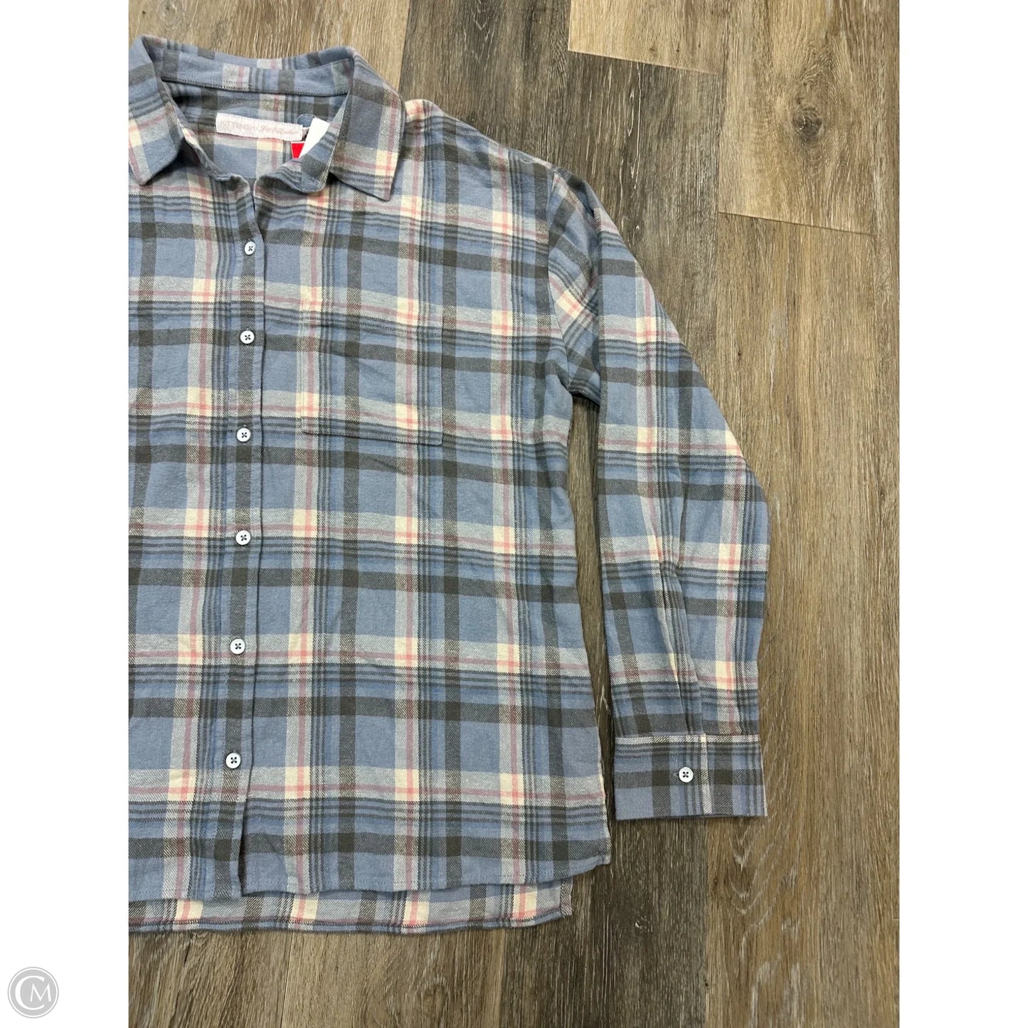Blouse Long Sleeve By Kittenish In Plaid Pattern, Size: M
