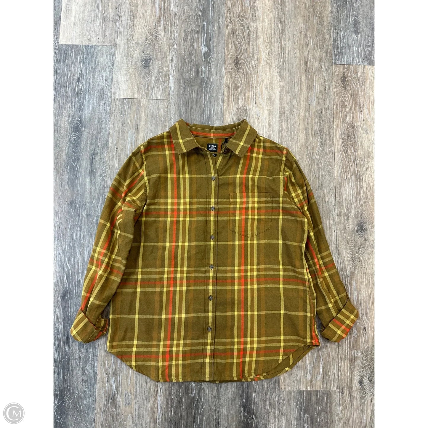 Blouse Long Sleeve By Prana In Plaid Pattern, Size: S