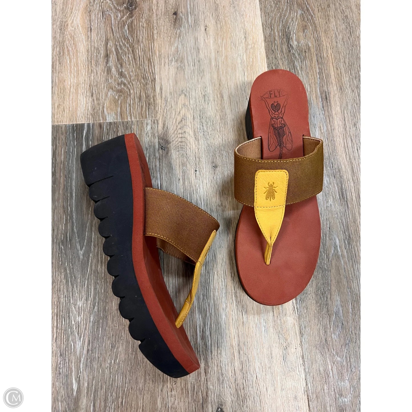 -Sandals Heels Platform By Fly London In Blue & Yellow, Size: 9