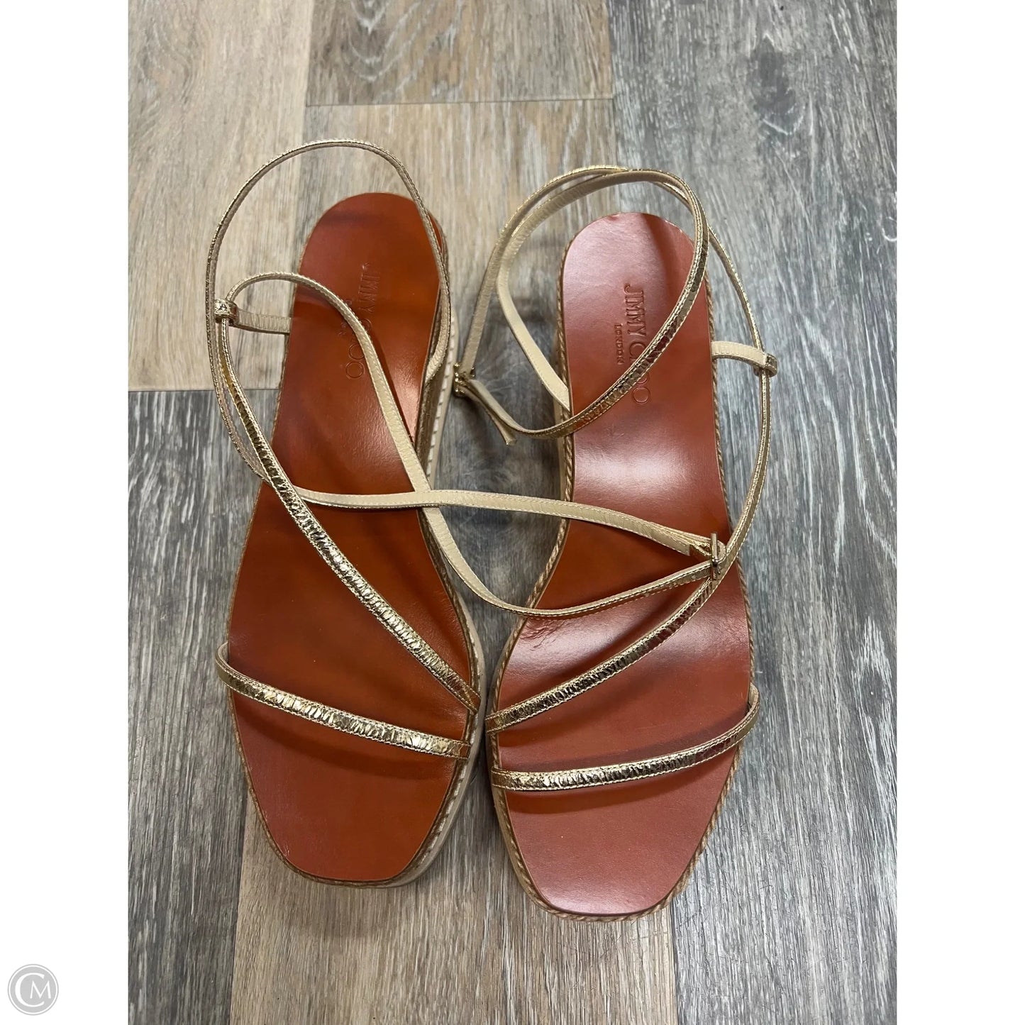 Sandals Luxury Designer By Jimmy Choo In Gold, Size: 7.5/37.5