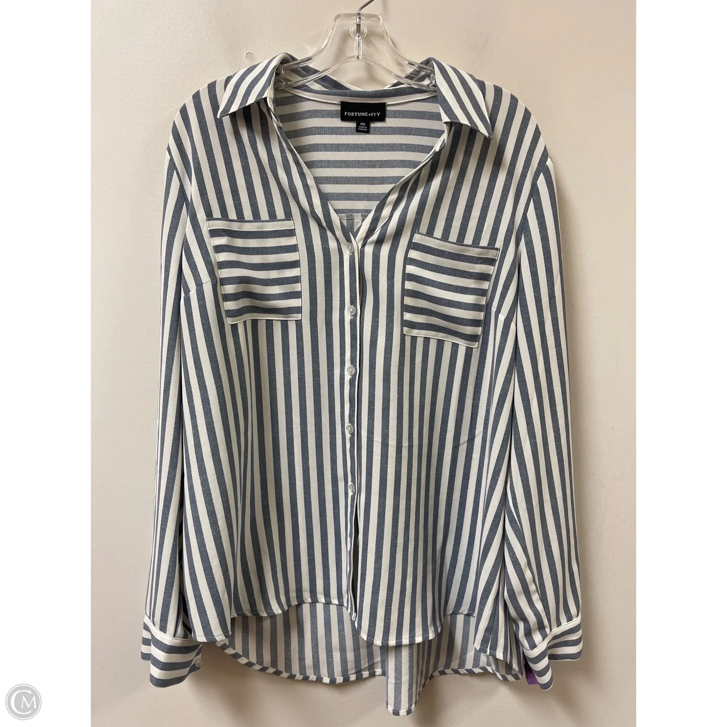 Blouse Long Sleeve By Fortune & Ivy In Blue, Size: 1x