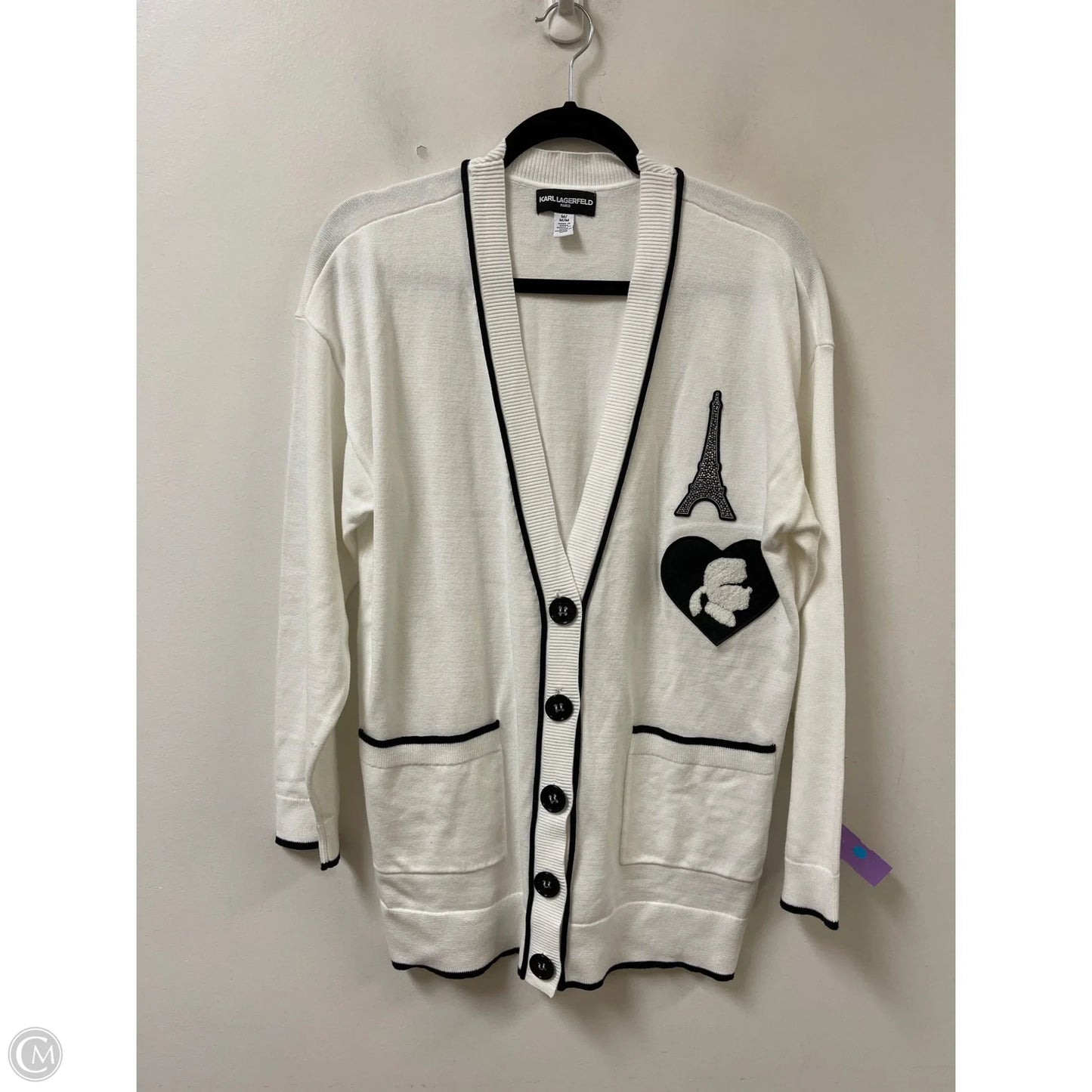 Sweater Cardigan Designer By Karl Lagerfeld In White, Size: M